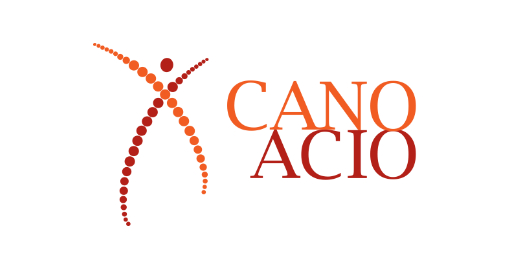 Logo with the word "CANOCIO" in orange and red gradient letters beside a stylized human figure made of red and orange dots forming two arms and legs in an X shape.