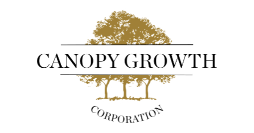 The logo for Canopy Growth Corporation features a large gold tree with smaller trees beneath it. The company name "Canopy Growth" is written in bold black letters across the center. "Corporation" is curved below.