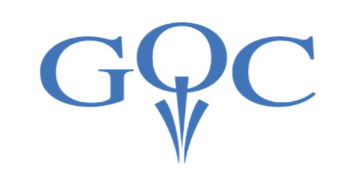 GOC Logo Tile Blue letters "GOC" in a serif font, with three stylized blue lines pointing downward from the center of the "O." The background is white.