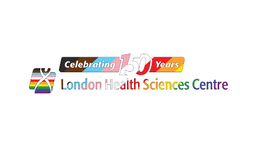 Logo for London Health Sciences Centre with the text "Celebrating 150 Years" in colorful letters above the name. The logo includes a stylized figure made of multicolored stripes on the left.