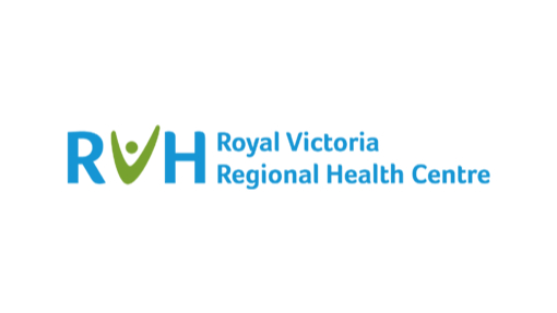 The logo for Royal Victoria Regional Health Centre featuring the initials "RVH" in blue, with a green stylized human figure forming the "V," and the full name written to the right in blue text.