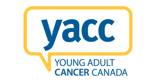 The YACC logo features "yacc" in blue inside a yellow speech bubble, with "YOUNG ADULT CANCER CANADA" written below, highlighting "CANCER" in blue.
