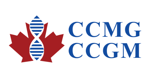A red maple leaf with a blue and white DNA double helix in the center is to the left of the blue text "CCMG CCGM" on a white background.