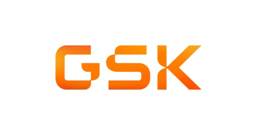 The image shows the GSK logo in a bold, orange gradient font on a white background. The letters are stylized and evenly spaced.