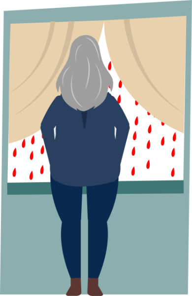 An illustration of a person with gray hair, wearing a dark blue top and pants, standing indoors and looking out a window at large red raindrops falling outside. Beige curtains frame the window.