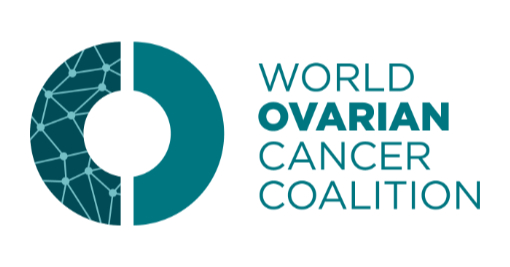 The logo of the World Ovarian Cancer Coalition, featuring a teal circle with a network pattern on the left, and the organization’s name in uppercase letters on the right with "OVARIAN" in bold.