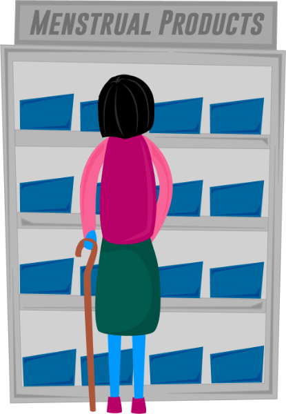 An illustrated person with a cane stands facing a store shelf labeled "Menstrual Products," which is stocked with blue boxes. The person’s back is to the viewer.