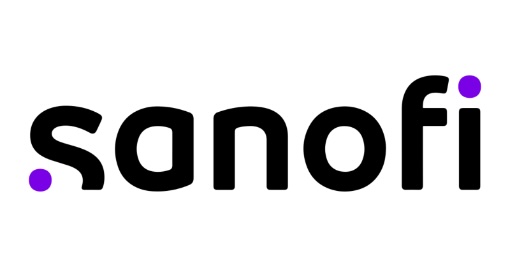 The image shows the Sanofi logo with the word "sanofi" in lowercase black letters. A purple dot appears before the "s" and above the "i" in the logo, both with stylized, rounded shapes.