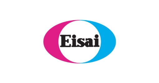 The image shows the Eisai logo. It features the word "Eisai" in black bold letters centered on a white oval, with a magenta shape on the left and a blue shape on the right. The background is white.