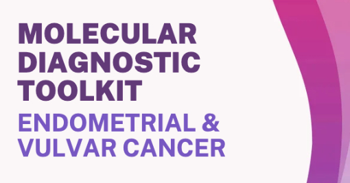 Text reads "Molecular Diagnostic Toolkit: Endometrial & Vulvar Cancer" in bold purple letters on a white background, with a curved pink and purple gradient design on the right side.