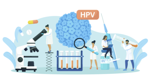 Illustration of scientists studying HPV with lab equipment, microscopes, test tubes, a large syringe, pills, and a magnified HPV virus model. A sign labeled "HPV" is placed near the virus model.