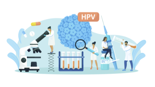 cervical-cancer-infographic Illustration of scientists studying HPV with lab equipment, test tubes, microscope, syringe, and a large HPV virus structure in the background. One scientist injects a vial, while others examine samples and work with technology.